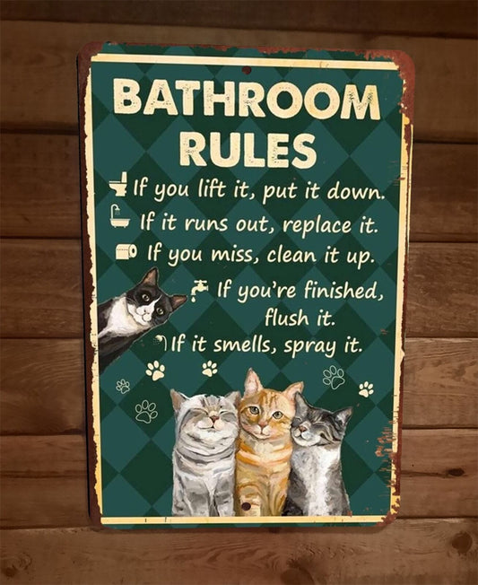 Cats Bathroom Rules 8x12 Metal Wall Sign Animal Poster