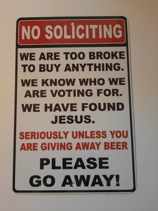 No Soliciting Please Go Away 8x12 Metal Wall Warning Sign Funny Garage Man Cave Misc Poster