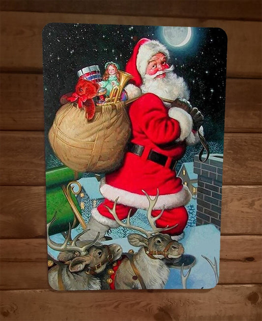 Merry Xmas Christmas Santa on Roof 8x12 Metal Wall Sign Poster