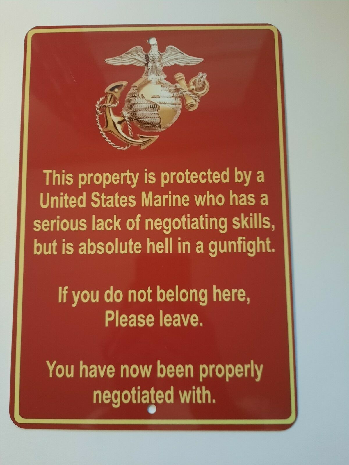Property Protected by a Marine 8x12 Metal Wall Military Warning Sign Armed Forces