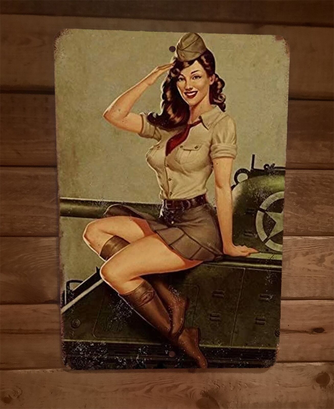 Vintage Look Military Pinup Girl on Tank 8x12 Metal Wall Sign Poster