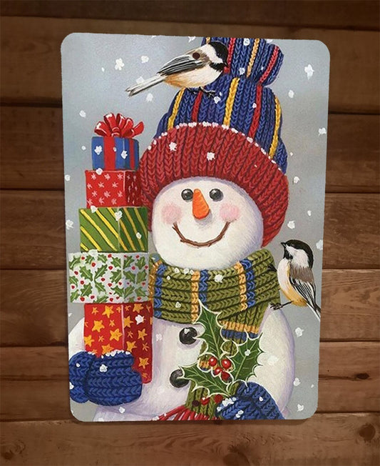 Merry Xmas Christmas Snowman with Gift 8x12 Metal Wall Sign Poster