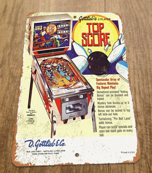 Gottliebs Top Score Pinball Game Room 8x12 Metal Wall  Sign Vintage Arcade