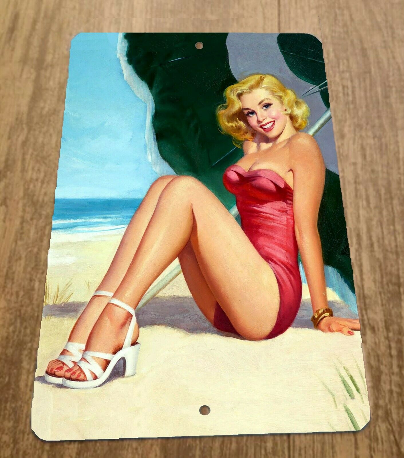 Beach Blonde Pinup Girl Artwork 8x12 Metal Wall Vintage Misc Poster Sign