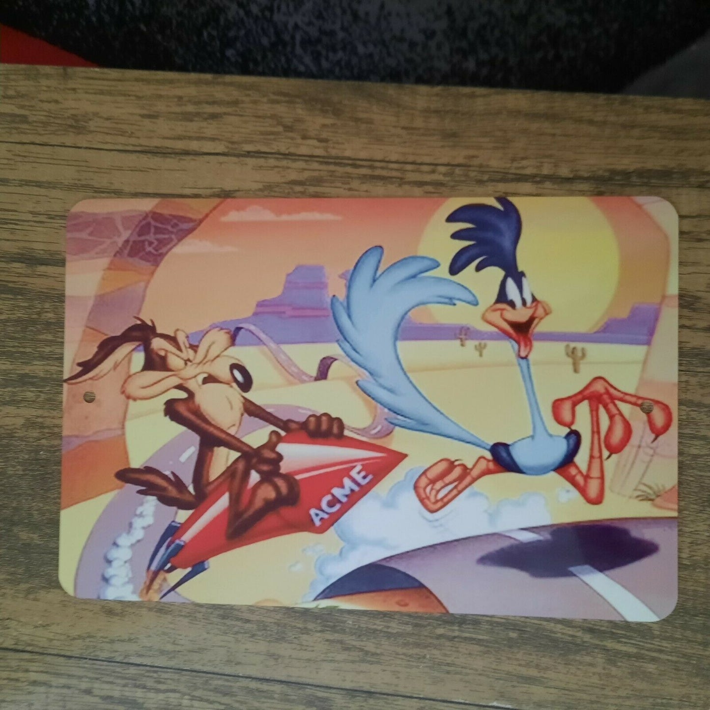 Wile E Coyote chasing Road Runner on Rocket 8x12 Metal Wall Sign Looney Tunes