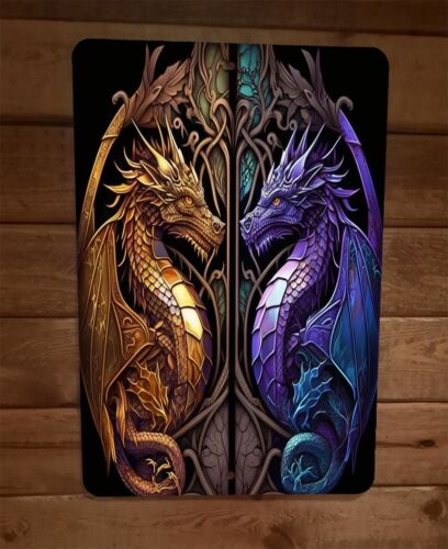 Twin Flames Dragons 8x12 Metal Wall Sign Poster