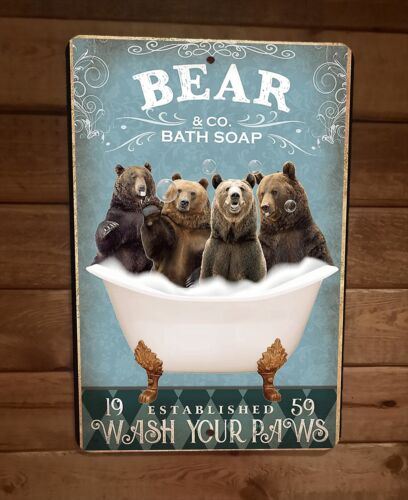 Bear Bath Soap 8x12 Metal Wall Sign Animal Poster