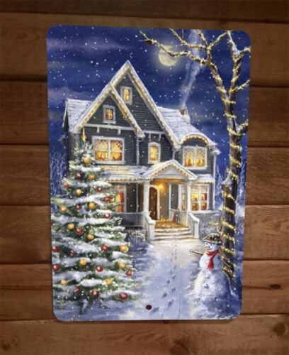 Merry Xmas Christmas Scene House Snow 8x12 Metal Wall Sign Poster