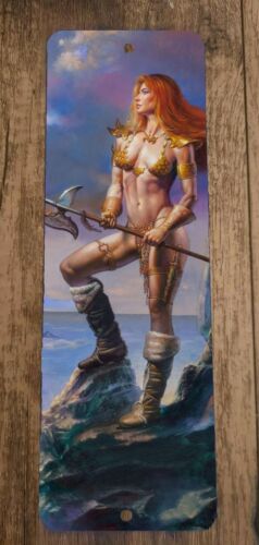 Fantasy Barbarian Viking Girl With Axe 4x12 Metal Wall Sign Poster