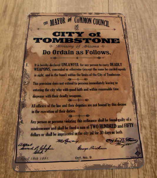City of Tombstone Poster Unlawful Deadly Weapons 8x12 Metal Wall Sign Western Movie Poster